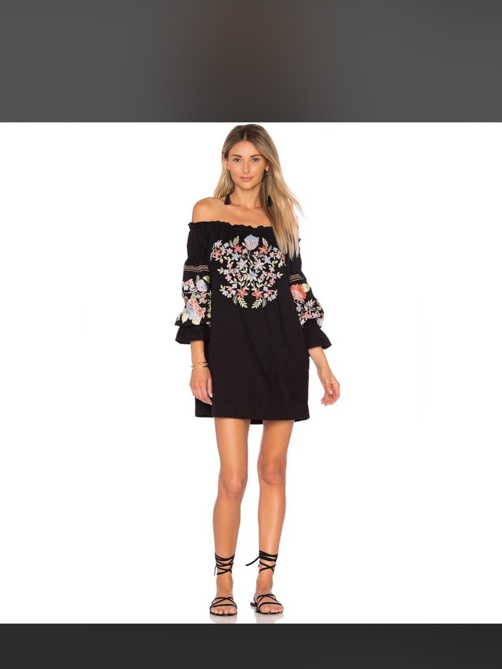 Free People Black Off-Shoulder Flour du Jour Embroidered Mini Dress